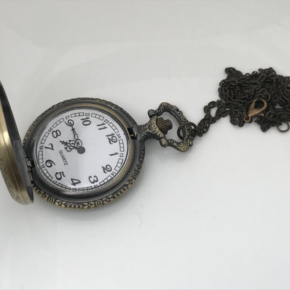 Pocket Watch Necklace Quartz Analog Brass Tone - Picture 5 of 12